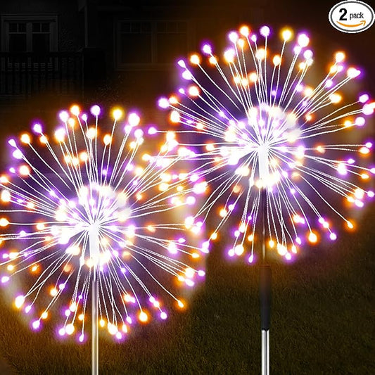 JJGoo Solar Firework Lights, 2 Pack 120 LEDs 2 Lighting Modes Solar Garden Lights Outdoor Waterproof for Yard Patio Walkway Pathway Party Wedding Christmas Decorative - Orange and Purple JJGoo