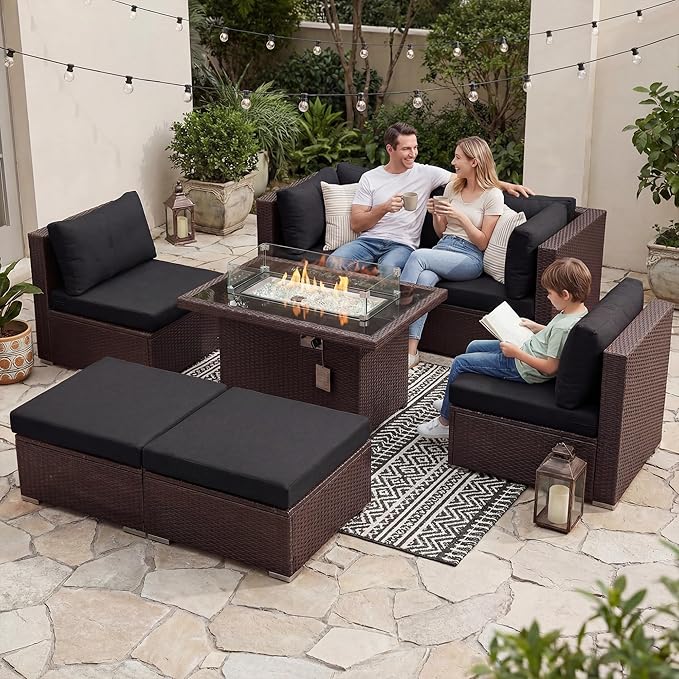 NICESOUL 29.3'' High Back Patio Set with Firepit Propane & Natural Gas, 7 Piece Oversized Large Wicker Outdoor Sectional Couche Sets, Heavy Duty Backyard Furniture, Brown Rattan and Black Cushion NICESOUL