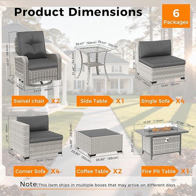 10-Seat Outdoor Wicker Patio Furniture Set with Fire Pit Table, Modular Rattan Sectional Sofa & 2 Swivel Rocking Chairs, 4" Thick Cushions, Rust-Resistant Frame,Black MASIONBACKYARDS
