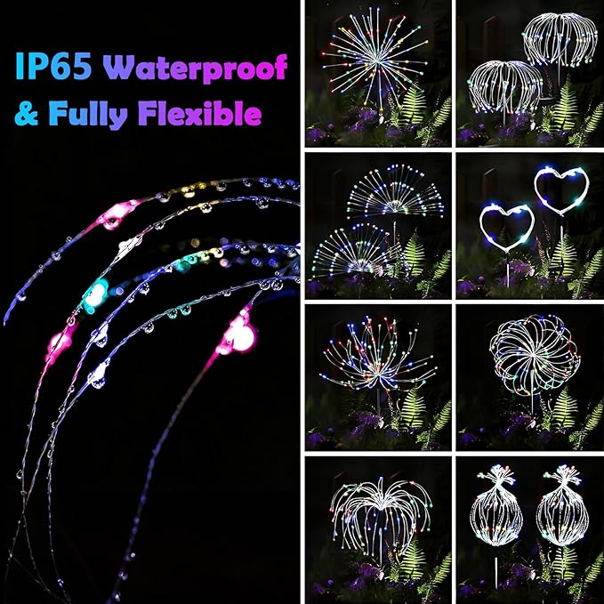 2 Pack Solar Firework Lights Outdoor - Verified 200 LED & 8 Modes - Starburst Solar Powered Garden Lights, Reinforced Durable Stakes, Waterproof Pathway Walkway Lights for Yard Patio Decor colcutee