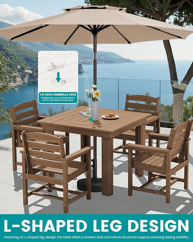 SERWALL Outdoor Dining Set for 4, HDPE Square Table and Chairs Set All Weather Patio Dining Set with 4 Classic Dining Chairs, 5-Piece Patio Dining Furniture for Deck, Brown SERWALL