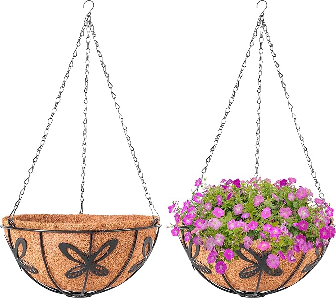 Hanging Baskets Planter for Plants, 2 Pack 8 Inch Round Metal Wire Hanging Flower Pots with Coco Coir Liner Chain, Plant Holder for Home Garden Balcony Decor ARVINKEY