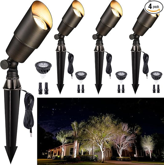 Gardenreet Brass Landscape Lighting - Outdoor Low Voltage Spotlights LED, 12V Wired Uplights, Waterproof Spot Lights, Antique Bronze for Outside Trees with 5W 4000K Natural White MR16 Bulb (4 Pack) Gardenreet