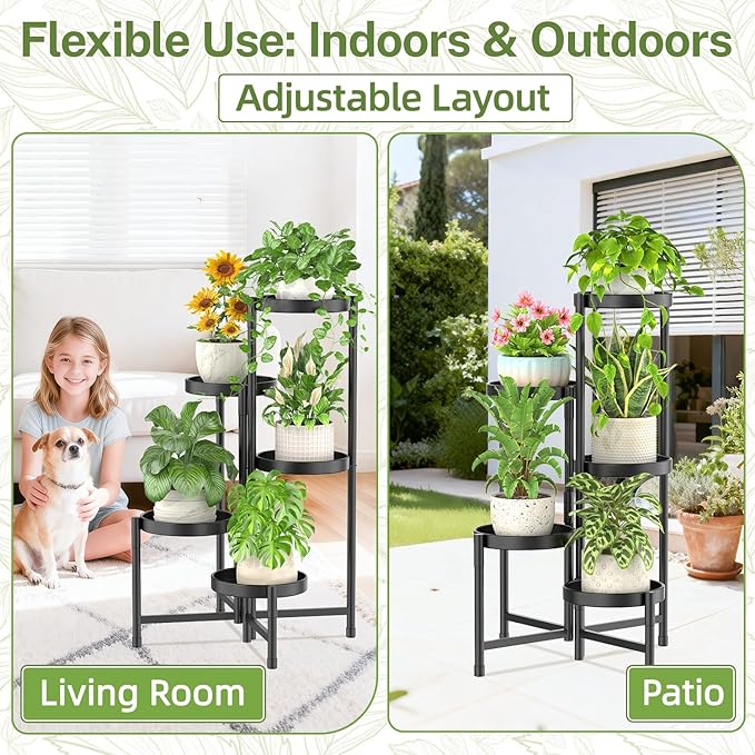 iDavosic.ly Plant Stand Indoor Outdoor, 5 Tier Corner Metal Flower Display Holder Shelf, Easy Assembly Folding Tall Orchid Rack for Patio Balcony Porch Garden Living Room House, Black iDavosicly