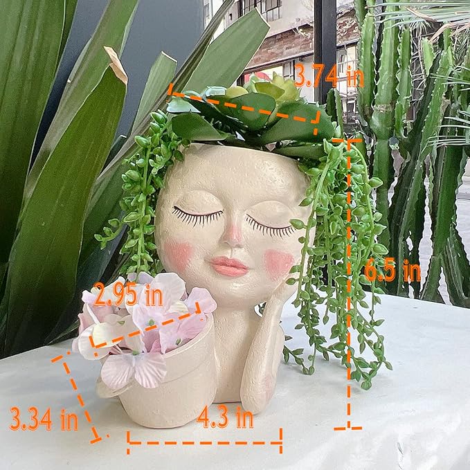 Face Plant Pot - Double Flower Pots for Indoor Outdoor Plants Resin Head Planter with Drainage Hole Cute Lady Face Plant Pots, Garden Decoration Planters, Medium ASDFG