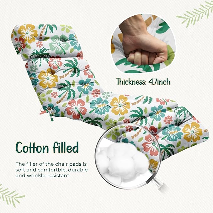 4 Pack Outdoor Chaise Lounge Chair Cushion 75.1 x 22.8 x 4.7 Inches 100% Waterproof Replacement Cotton Patio Pool Lounge Chair Cushion for Outdoor Furniture with Ties, Green Coconut Tree Uthem