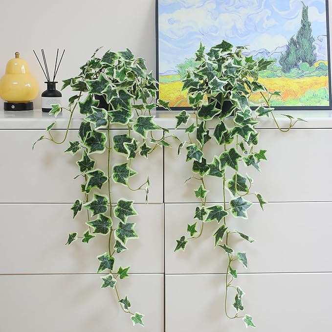 Fake English Ivy Plants in Pots Set of 2 – Realistic Artificial Ivy Greenery for Home Decor, Tabletop, Office, Shelf, Balcony, Lifelike Faux Hanging Vines, No Maintenance Required - White and Green ALYPTUS