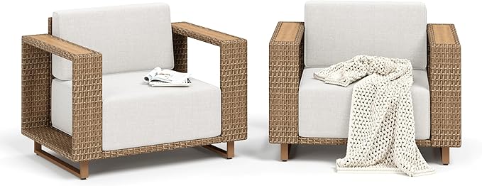 2 Pieces Patio Furniture Set,Outdoor Rattan Wicker Armchairs with 10''Ultra-Thick Cushions,All Weather Patio Conversation Set for Lawn Garden Backyard,Beige SUNSHINEVALLEY