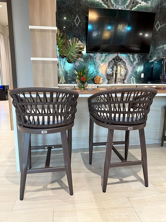 PURPLE LEAF Outdoor Rattan 24" Counter Height Bar Stools Chair Set of 2, Modern Patio Wicker Barstool with Backrest for Indoor and Outdoor, Kitchen Island, Coffee PURPLELEAF