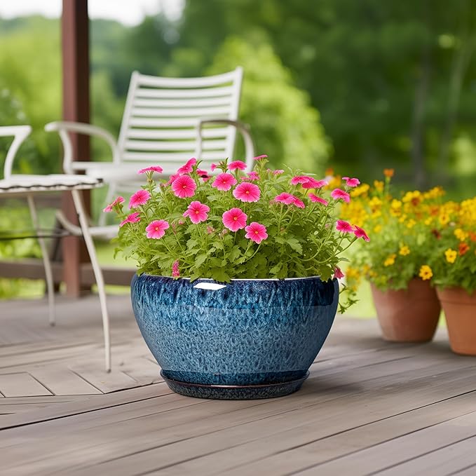 Ceramic Plant Pots 13 Inch - Indoor Planter with Drainage Hole and Saucer, Decorative Large Planter for Indoor Outdoor Plants, Ceramic Flower Pots, Gifts for Plant Lovers, House Decor, Blue Ceramicfor