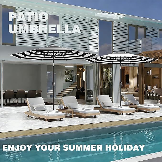 AreShark 9 FT Patio Umbrella for Outdoor, Outdoor Table Umbrella with Push Button Tilt and Crank, Outdoor Patio Umbrellas with 8 Sturdy Ribs for Market, Garden, Pool (Black & White Stripe) Rootora