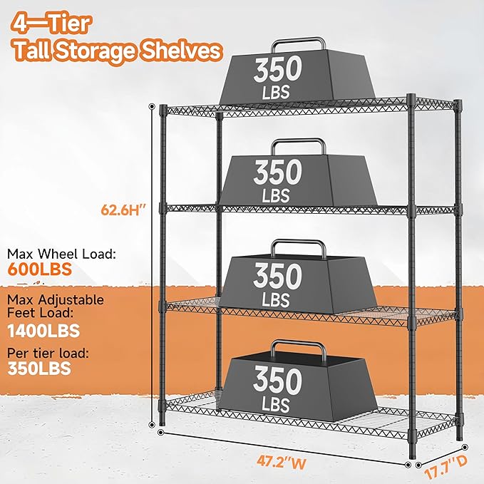 4 Tiers Storage Shelves Load 1400LBS, Metal Shelving Wire Metal Shelving Unit Shelves for Storage Adjustable Garage Shelving for Pantry Kitchen Garage Black 17.7" D x 47.3" W x 62.7" H MEIGAOPLASTICANDMETALHKCOLIMITED