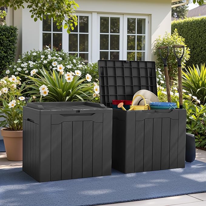 Greesum 31 Gallon Deck Box for Outside, All Weather Outdoor Storage Boxes for Patio Furniture Set, Package Delivery Box,Garden Tools, Gray(Set of 2) BuynowfromGreesum