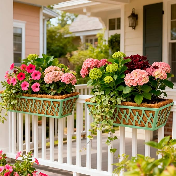 2 Pack 24 Inch Window Boxes Planters Railing Planter Box with Adjustable Brackets for Porch Fence Patio Balcony Hanging Flower Baskets with Coco Liners for Outdoor Garden Decor - Green KarlliuHOMEGARDEN