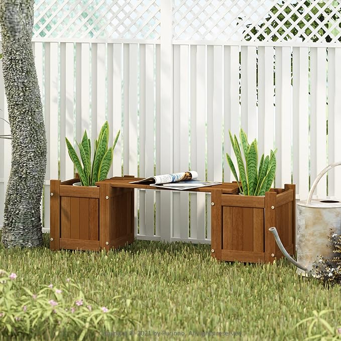 Furinno Tioman Hardwood Mini Outdoor Planter Box with Bench for Garden Plant Furinno-FitsYourSpaceFitsYourBudget