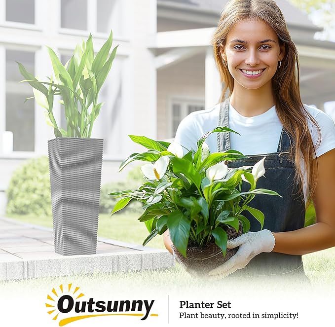 Outsunny 23.6 Inch Tall Planters for Outdoor Plants, Set of 2 Plastic Rattan-Like Flower Pots with Drainage Holes, Stackable Tapered Planters for Indoor Plants, Front Porch, Black Outsunny