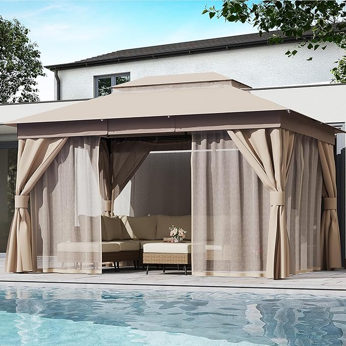 LAUSAINT HOME Semi-Permanent Outdoor Patio Gazebo 10'x13', Heavy Duty Party Tent Shelter with Double Roofs, Mosquito Nettings and Privacy Screens for Backyard, Garden, Lawn, Khaki LAUSAINTHOME