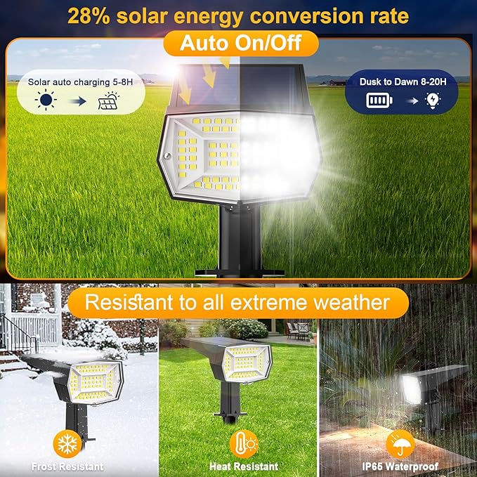 Fabrito 72 LEDs Solar Spot Lights Outdoor Waterproof, 3 Modes Landscape Spotlights, Dusk to Dawn Solar Powered Flood Wall Lights for Outside, Solar Garden Lights for Yard Porch 2 Pack (Warm White) Fabrito