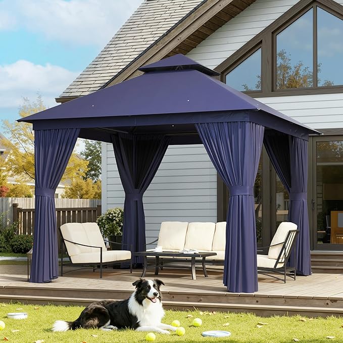 Aoxun Outdoor Gazebo for Patio 10x10 Metal Frame Canopy with Double Roofs Heavy Duty Party Tent and Shelter with Mosquito Netting and Privacy Screen for Backyard, Lawn, Garden, Deck (Navy Blue) Aoxun