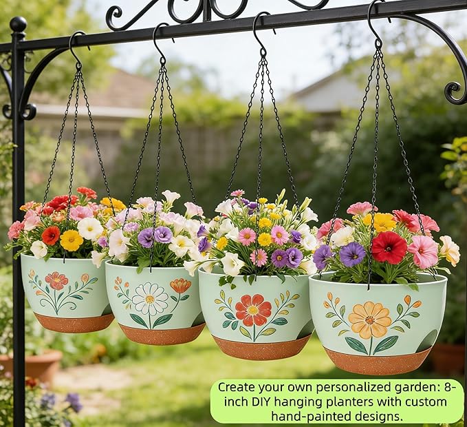 Set of 4-8 Inch Self Watering Hanging Planters for Indoor Outdoor，Hanging Plant Pots with Drainage & Removable Tray, Hanging Pots Holder for Ivy, Pothos, Ferns, Balcony & Patio, Green Brown zople