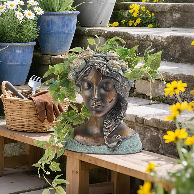 DiliComing Head Planter Face Plant Pots - 10 Inch Flower Pot Succulents Large Outdoor Planters Indoor with Drainage Resin Lady Black Statue for Garden Home Decor Porch Gift for Plant Lovers DiliComing