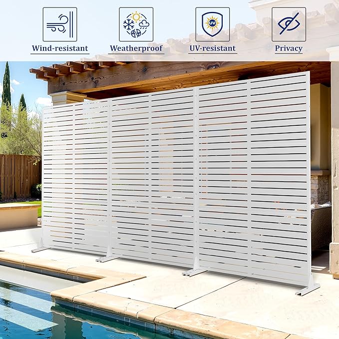 FENCY Outdoor Privacy Screen, 72" H×47" W Metal Privacy Screen, Outdoor Freestanding Privacy Screen & Panels for Deck Patio Balcony(White-Louvered) FENCY