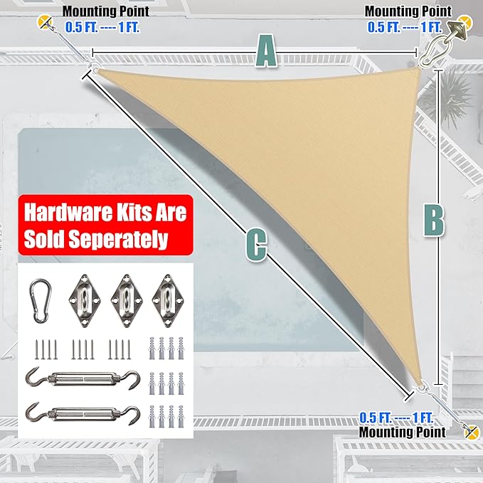 Amgo Custom Size 18' x 20' x 26.9' Beige Right Triangle Sun Shade Sail Order to Make Canopy Awning UPF50+ AGSLT, 95% UV Blockage, Water & Air Permeable, 200GSM Commercial Standard (We Customize) Amgo