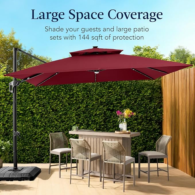 Best Choice Products 12x12ft LED Cantilever Patio Umbrella w/Base Included & 360° Rotation, Large Solar Offset Hanging Outdoor Sun Shade for Deck, Backyard Table w/Stand & Lights – Burgundy BestChoiceProducts