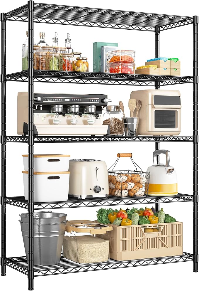 5 Tier Storage Shelves 71"H Wire Shelving Adjustable Metal Shelving,1000LBS Pantry Shelves Sturdy Steel Wire Shelf for Kitchen Commercial Pantry Garage Warehouse ,71"H X35.5"W X13.8"D, Black Romorgniz