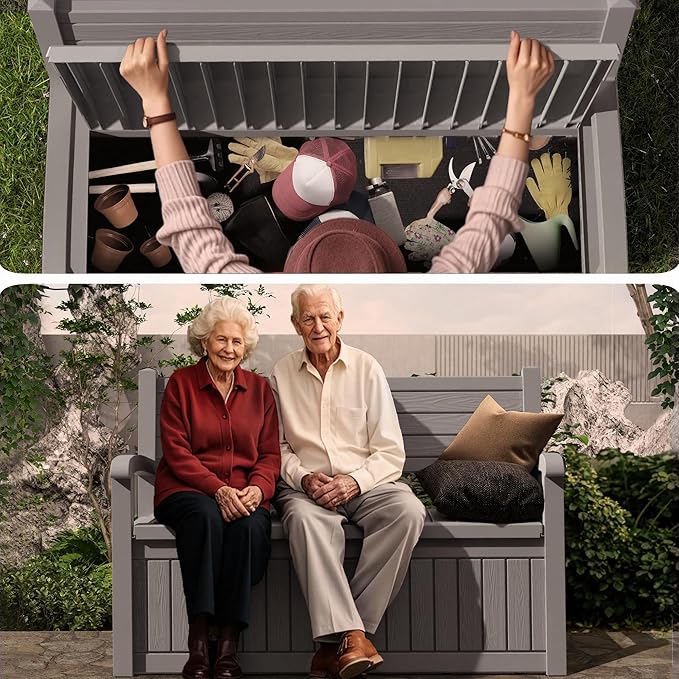DRATO 75 Gallon Storage Bench Deck Box Outdoor Indoor,Lockable Durable All-Weather Seating with Hidden Storage,Deck Storage for Garden, Pool, Patio DRATOprovidesawarmandcozy