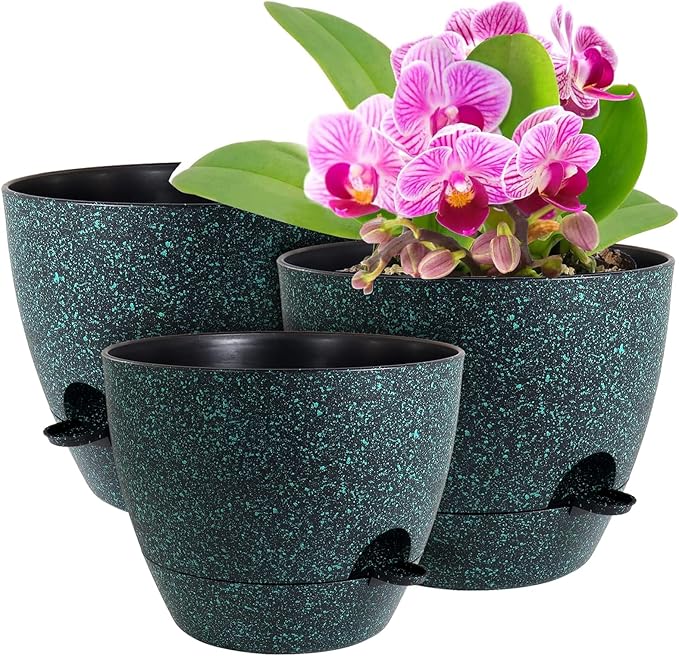 12/10/9 inch Large Self Watering Pots, Planter, Plant Pots with Mesh Drainage Holes for Indoor Outdoor Garden Plants, Plastic Flower Pots with Deep Reservoir, Black with Green Speckles WSMKSZ