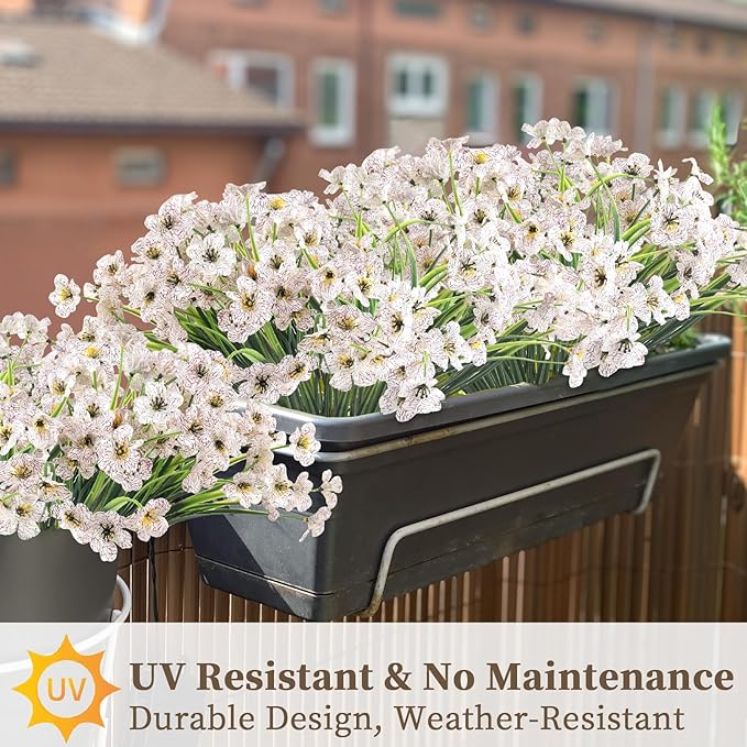 24 White Bundles Artificial Flowers for Outdoors/Indoors Fake Flowers Plants for Indoor Outside Garden Porch Window Box Home Wedding Farmhouse ColoPlay
