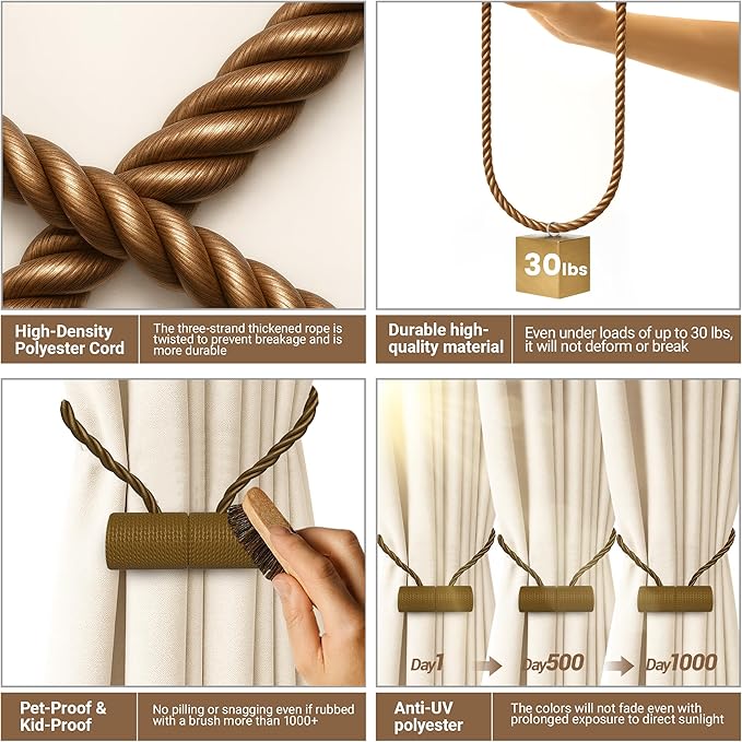Hion Magnetic Curtain Tiebacks Dark Brown 6 Pack, Curtain Tiebacks Buckles Holdbacks Holders Hooks Clip for Home Bedroom Office Decorative Thick or Thin Curtain Hion