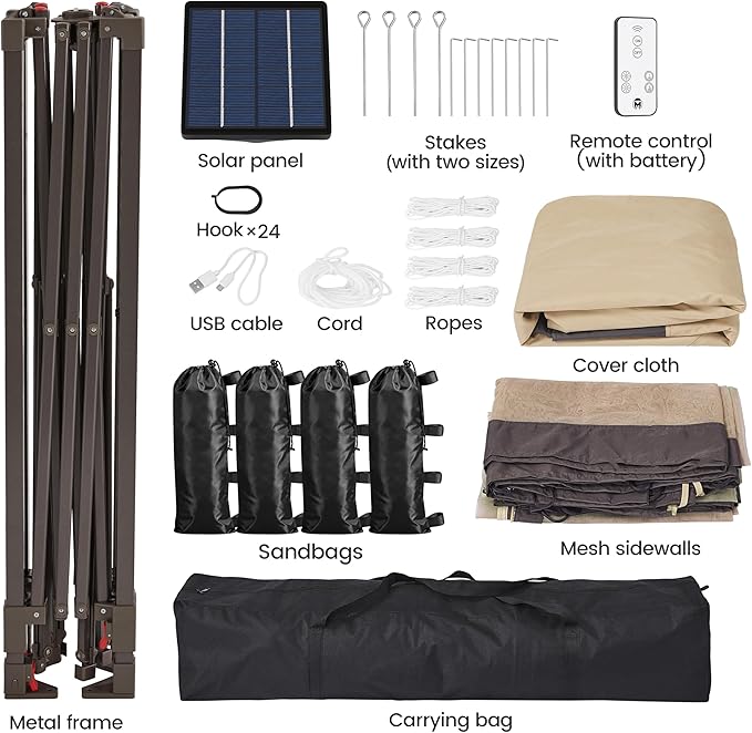 Yaheetech 11'x11' Pop Up Gazebo Instant Tent with 17 Solar LED Lights & Zippered Mesh Netting, Outdoor Shelter Sun Shade Gazebo with Sandbags for Backyard Garden Patio, Khaki & Brown Yaheetech