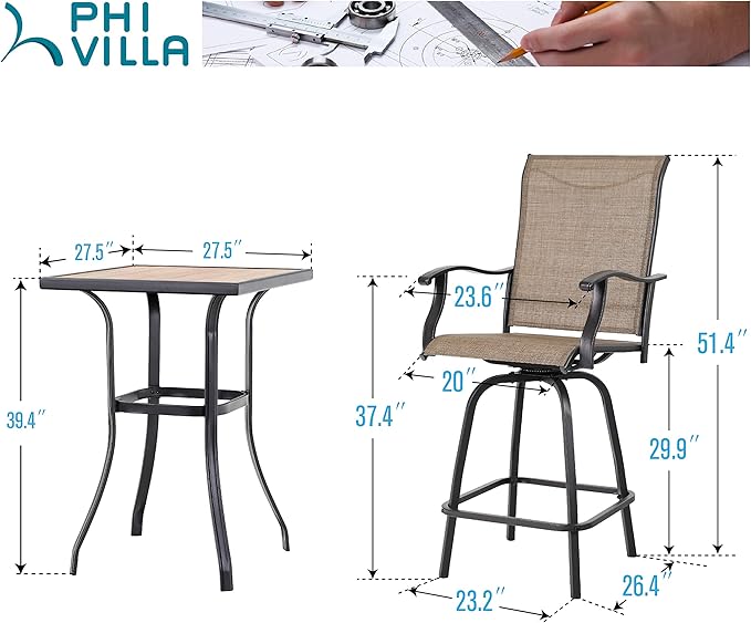 PHI VILLA 3 PCS Patio Swivel Bar Set Outdoor Furniture Bar Height Bistro Set, 2 Bar Stools and 1 Table, High Top Table and Chairs Set of 2 for Garden Porch Backyard PHIVILLAThepioneerofcomfortablehouseholdsupplies