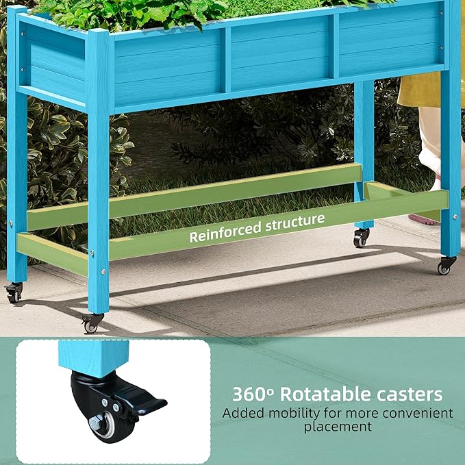 YITAHOME Raised Garden Bed HDPE, 47x18x31In Raised Flower Bed Poly-Wood Weather-Resistant Elevated Planter Box with Lockable Wheels for Vegetables, Aruba Blue YITAHOME