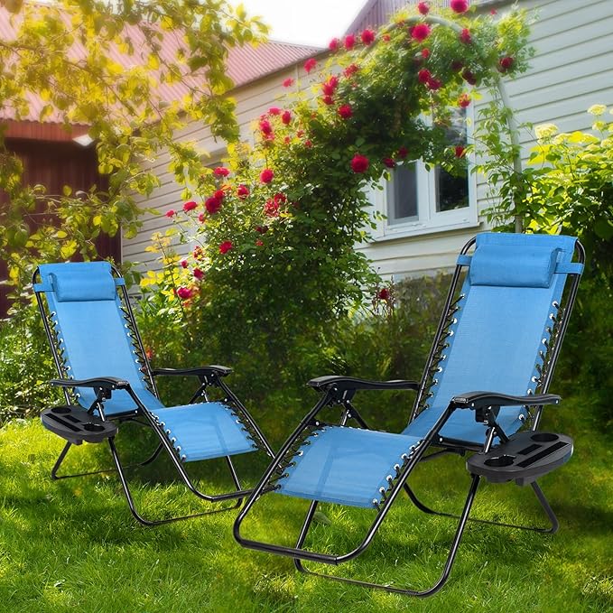 Nazhura Set of 2 Relaxing Recliners Patio Chairs Adjustable Steel Mesh Zero Gravity Lounge Chair Beach Chairs with Pillow and Cup Holder (Sky Blue) NazhuraGoodCompanionAtHome