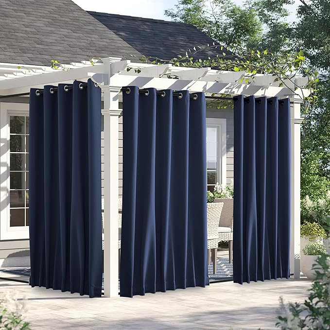 NICETOWN 2 Panels Weighted Outdoor Curtains for Patio Waterproof, Thermal Insulated Grommet & Back Tab on Top & Bottom Windproof Sun Blocking Draperies for Gazebo with Fixed Rope, Navy Blue, W66 x L84 NICETOWN