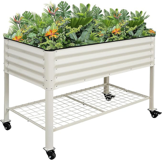 Elevated Raised Garden Bed 2' x 4' - Galvanized Planter Boxes with Legs, Wheels, and Storage Rack, Outdoor Planters for Backyard/Patio/Balcony with Drainage Holes for Vegetables, Flowers, Herbs, White GGOODGAIN