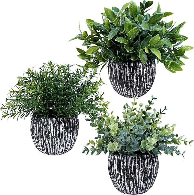 Winlyn Set of 3 Artificial Potted Plants Faux Eucalyptus Rosemary Boxwood Greenery in Black & White Concrete Pots Small Fake Plant for Indoor Outdoor Home Office Table Shelf Windowsill Greens Décor Winlyn