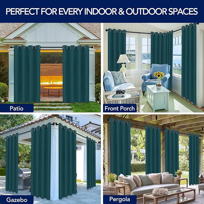 PureFit Outdoor Curtains for Patio Waterproof Weatherproof, UV and Fade Resistant Outside Curtains for Gazebo, Front Porch, Pergola, Sun Blocking Privacy Curtain, 52W x 84L inch, 1 Panel, Teal PureFit