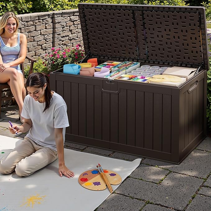 JUMMICO 250 Gallon Outdoor Resin Deck Box with Divider, Waterproof Storage Box with Lockable Lid&Side Handles for Garden Tools, Pools Supplies (Brown) JUMMICO