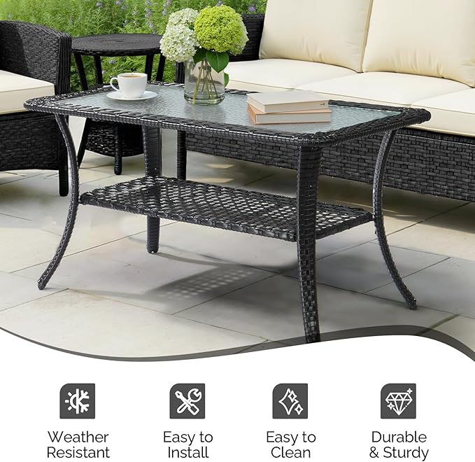 VINGLI Outdoor Coffee Table with Storage Wicker Patio Coffee Table, Tempered Glass Top Coffee Table for Patio Outside Balcony Porch Deck (Black) VINGLI