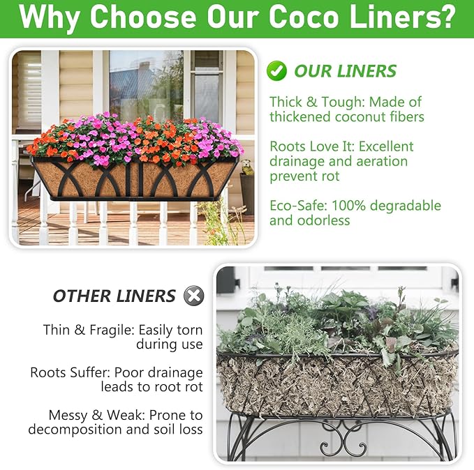 Riare 2 Pack 24 Inch Rectangle Coconut Liners for Planters, Natural Coconut Fiber Planter Liners, Window Box Liner Trough Coco Liner for Outdoor Flower, Garden Wall, Deck & Fence Planter Boxes Riare