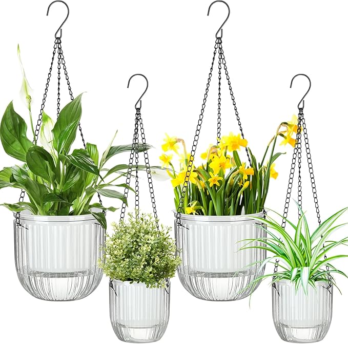 Maxcheck 4 Pcs Self Watering Hanging Planters Indoor Gift 6.5'' 4.5'' Hanging Flower Pots Baskets Outdoor Self Watering Plant with 3hooks Drainage Holes for Home(Clear) Maxcheck
