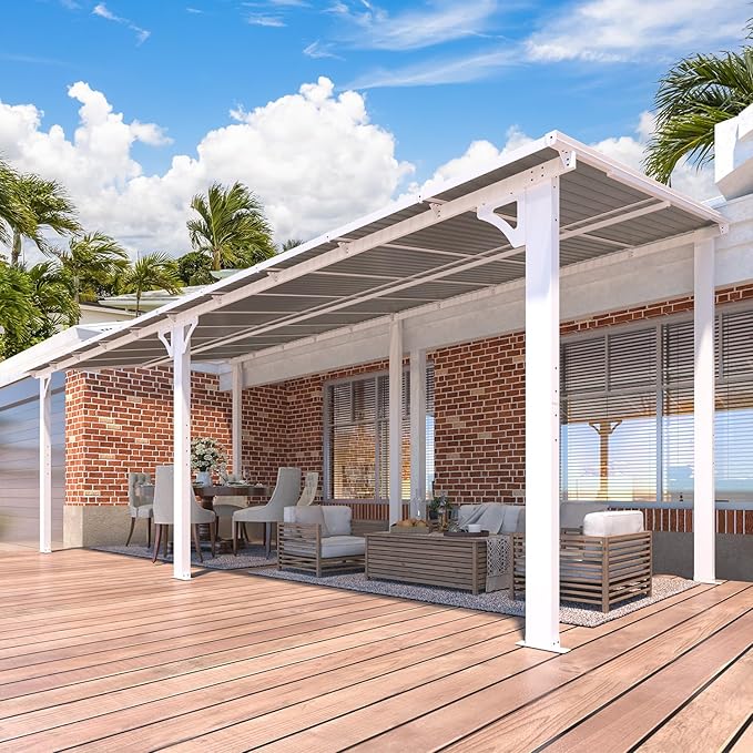 AECOJOY 20' x 8' White Outdoor Gazebo for Patio, Large Wall-Mounted Hard Top 8x20 Lean to Metal Gazebo Shelter Pergolas and Gazebos Clearance with Patio Roof, Heavy Duty Awnings for Patio, Decks AECOJOY