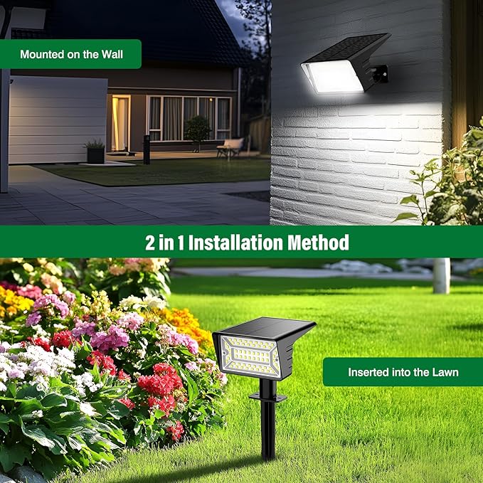 Solar Spot Lights Outdoor with 60 LED & Auto On/Off, 2 Pack Solar Lights Outdoor Waterproof IP68 with 3 Lighting Modes, 2-in-1 Solars Landscape Light for Outside, Garden, Yard(Cool White) Rootora