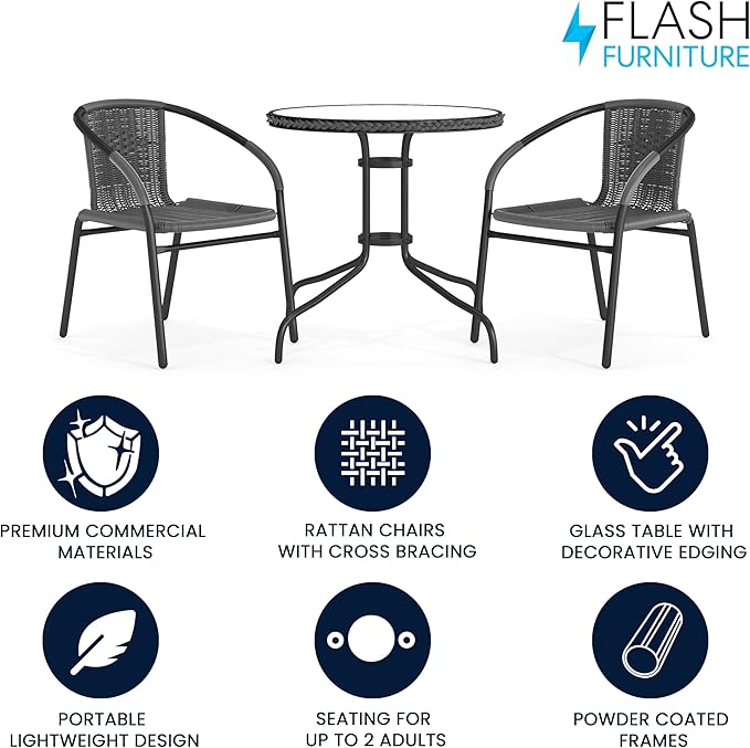 Flash Furniture 3-Piece Patio Dining Set with Round Glass Metal Table and 2 Stackable Rattan Chairs, Indoor/Outdoor Bistro Table and Chairs Set, Gray FlashFurniture