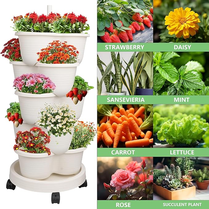 Hourleey Strawberry Planter, 5 Tier Stackable Gaden Tower for Flowers, Vegetables, Grow Your Own Herb Garden Vertical Oasis of Vegetables and Succulents Hourleey