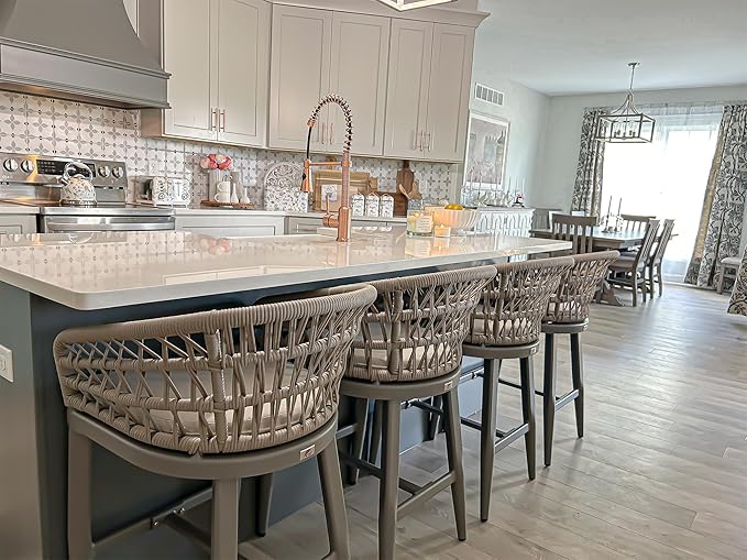 PURPLE LEAF Outdoor Rattan 24" Counter Height Bar Stools Chair Set of 2, Modern Patio Wicker Barstool with Backrest for Indoor and Outdoor, Kitchen Island, Light Grey PURPLELEAF